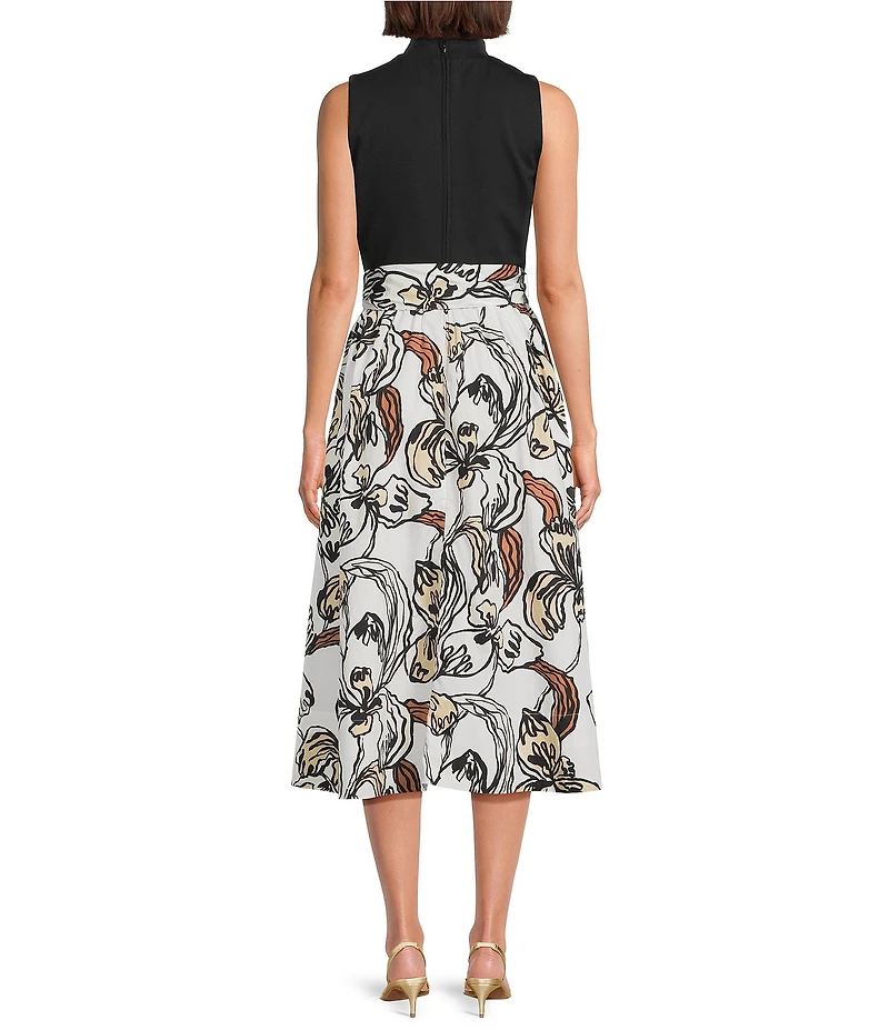 Lilly Pulitzer Prima Floral Mixed Media Mock Neck Sleeveless Tie Waist Midi Dress