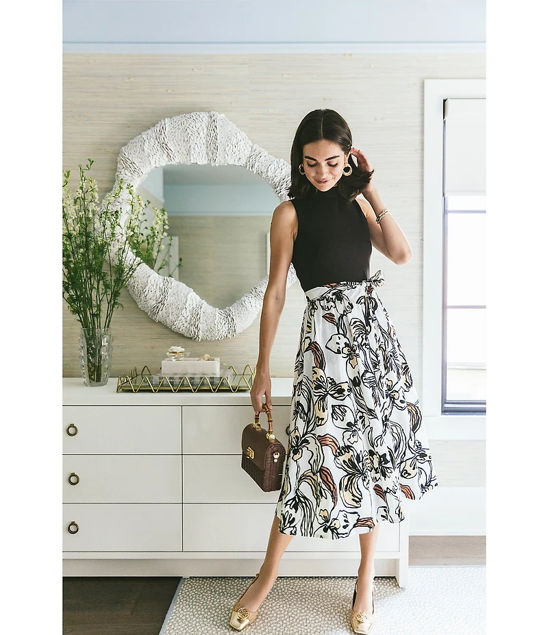 Lilly Pulitzer Prima Floral Mixed Media Mock Neck Sleeveless Tie Waist Midi Dress