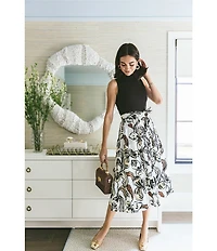 Lilly Pulitzer Prima Floral Mixed Media Mock Neck Sleeveless Tie Waist Midi Dress