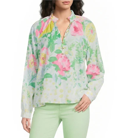 Lilly Pulitzer Renisha Poppy Party Print Notch Collar Long Sleeve Top