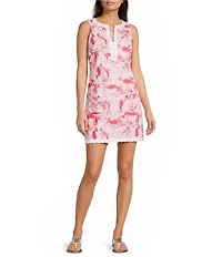 Lilly Pulitzer Romey Cotton Poplin Thar She Blows Split V-Neck Sleeveless Lace Trim Shift Romper Dress
