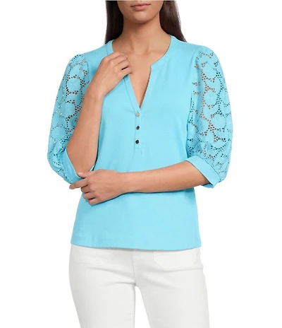 Lilly Pulitzer Ronson Eyelet Knit Notch Neck Elbow Sleeve Top