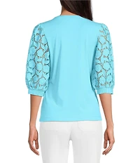 Lilly Pulitzer Ronson Eyelet Knit Notch Neck Elbow Sleeve Top