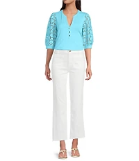 Lilly Pulitzer Ronson Eyelet Knit Notch Neck Elbow Sleeve Top