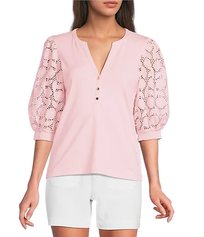 Lilly Pulitzer Ronson Eyelet Knit Notch Neck Elbow Sleeve Top