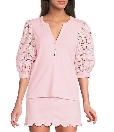 Lilly Pulitzer Ronson Eyelet Knit Notch Neck Elbow Sleeve Top