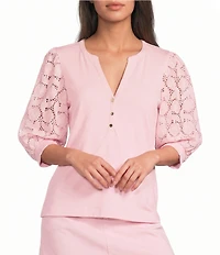 Lilly Pulitzer Ronson Eyelet Knit Notch Neck Elbow Sleeve Top