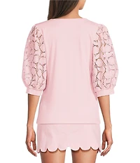 Lilly Pulitzer Ronson Eyelet Knit Notch Neck Elbow Sleeve Top