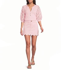Lilly Pulitzer Ronson Eyelet Knit Notch Neck Elbow Sleeve Top