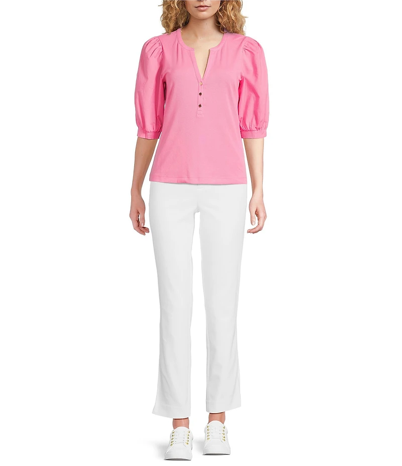 Lilly Pulitzer Ronson Knit Split V-Neck Short Puff Sleeve Top