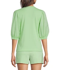 Lilly Pulitzer Ronson Rib Knit Notch Neck Puff Elbow Sleeve Top