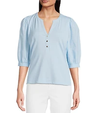 Lilly Pulitzer Ronson Split V -Neck Elbow Puff Sleeve Top