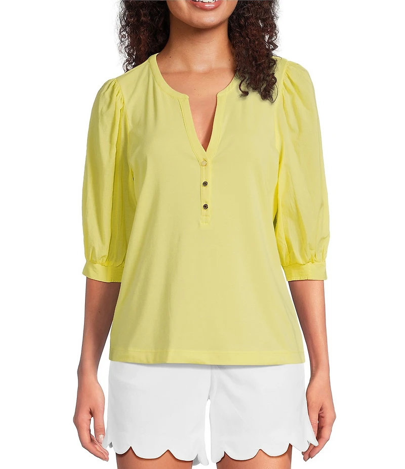 Lilly Pulitzer Ronson Split V-Neck Elbow Puff Sleeve Top