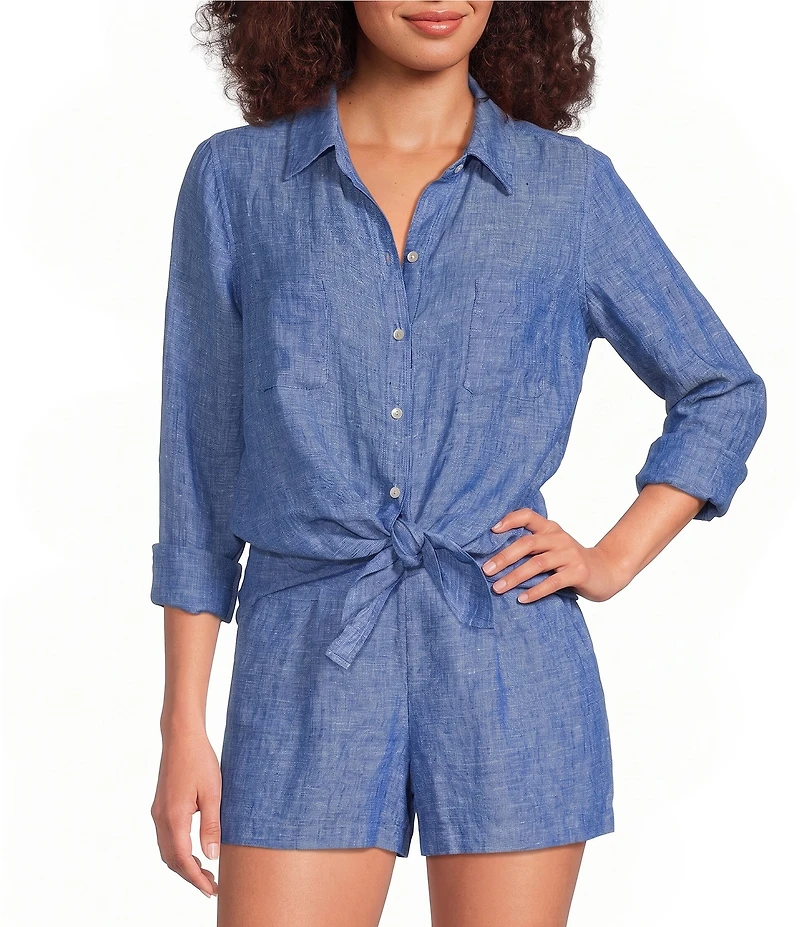 Lilly Pulitzer Sea View Linen Point Collar Long Sleeve Button Front Shirt
