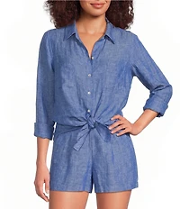 Lilly Pulitzer Sea View Linen Point Collar Long Sleeve Button Front Shirt