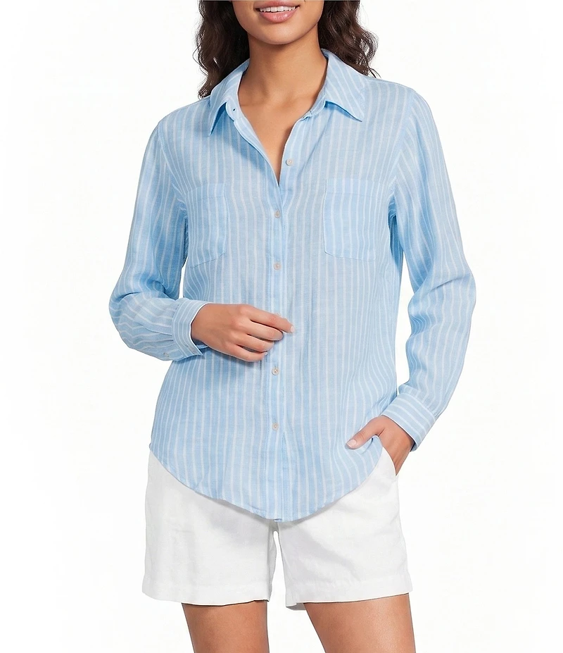 Lilly Pulitzer Sea View Stripe Print Notch Collar Long Sleeve Button Front Shirt