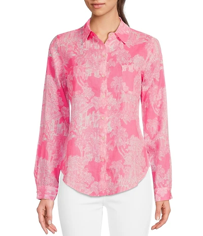 Lilly Pulitzer Sea View Woven Linen Anniversary Toile Print Point Collar Long Sleeve Button Down Blouse