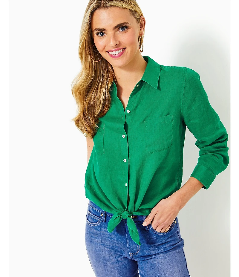 Lilly Pulitzer Sea View Woven Linen Point Collar Long Sleeve Button Down Shirt