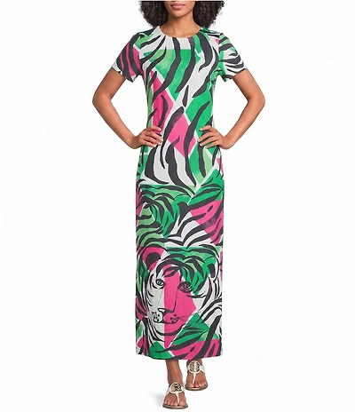 Lilly Pulitzer Sevie Pique Textured Knit Multicolor Zebra Print Crew Neck Short Sleeve Midi Dress