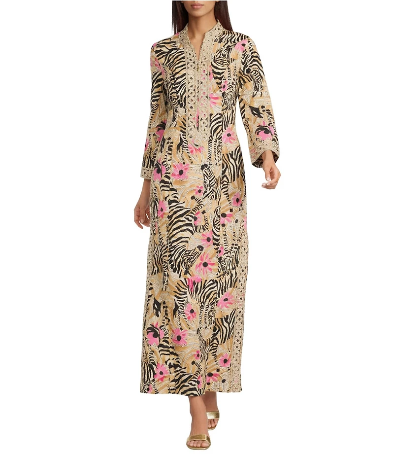Lilly Pulitzer Shealyn Stretch Poplin El Morocco Print Notch Collar 3/4 Sleeve Maxi Dress