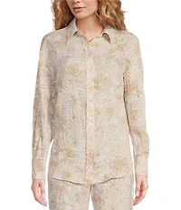 Lilly Pulitzer Stevey Relax Woven Linen Sand Bar Palm Beach Print Point Collar Long Sleeve Button Down Coordinating Shirt