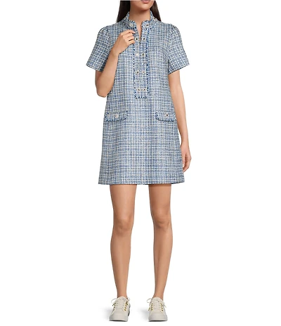 Lilly Pulitzer Teddy Boucle Stand Collar Short Sleeve Fringe Trim Shift Dress