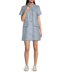 Lilly Pulitzer Teddy Boucle Stand Collar Short Sleeve Fringe Trim Shift Dress
