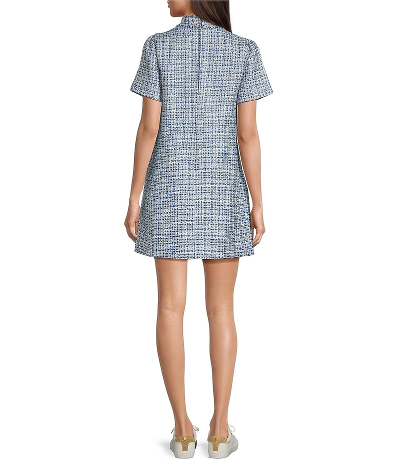 Lilly Pulitzer Teddy Boucle Stand Collar Short Sleeve Fringe Trim Shift Dress