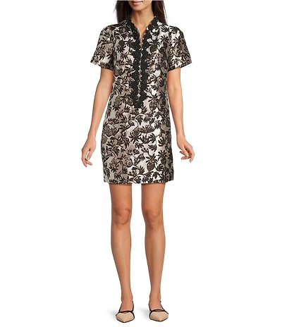 Lilly Pulitzer Teddy Metallic Pineapple Jacquard Stand Collar Short Sleeve Shift Dress