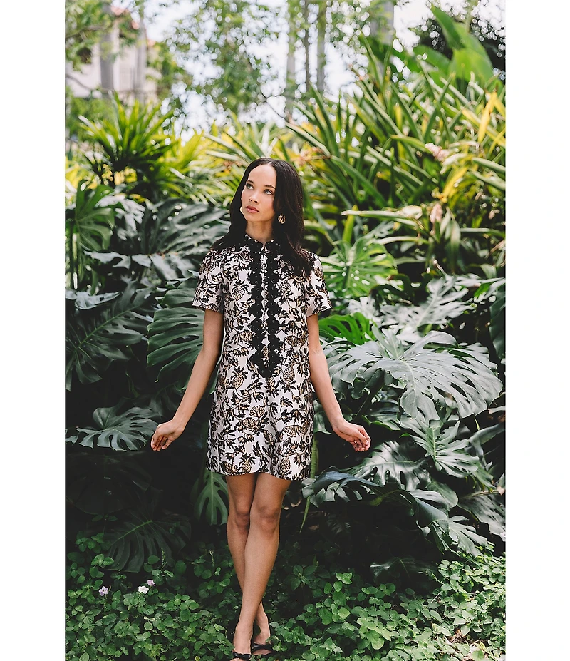 Lilly Pulitzer Teddy Metallic Pineapple Jacquard Stand Collar Short Sleeve Shift Dress