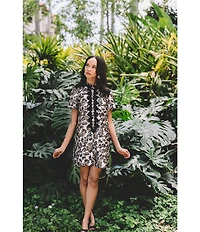 Lilly Pulitzer Teddy Metallic Pineapple Jacquard Stand Collar Short Sleeve Shift Dress