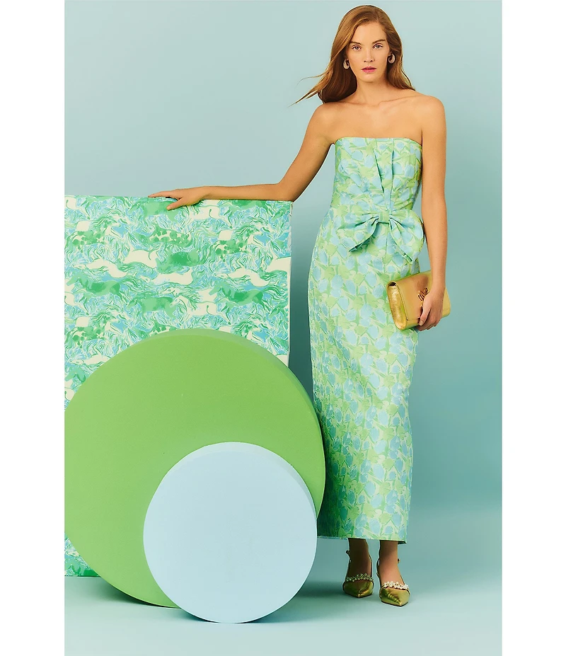 Lilly Pulitzer Tiernan Tulip Tango Jacquard Strapless Sleeveless Bow Maxi Dress