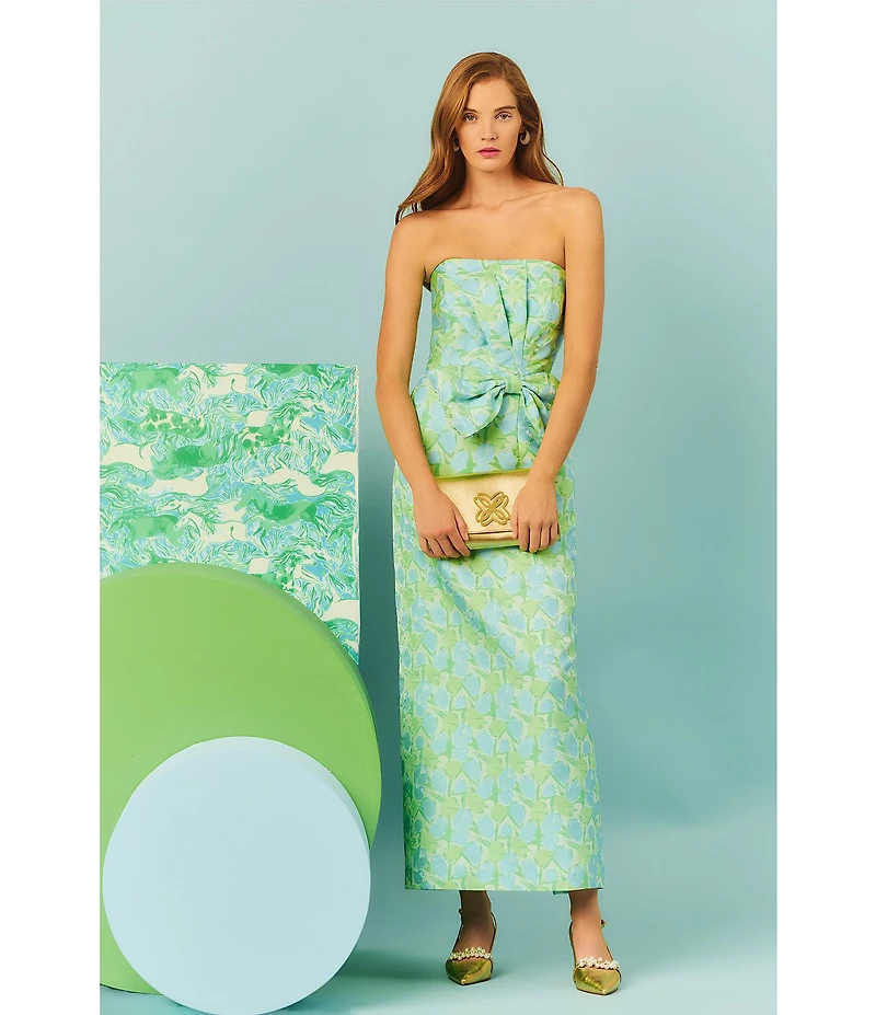 Lilly Pulitzer Tiernan Tulip Tango Jacquard Strapless Sleeveless Bow Maxi Dress