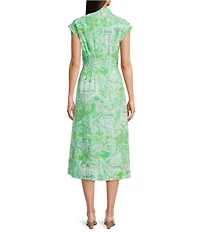 Lilly Pulitzer Tonya Poplin Ship To Shore Print Point Collar Cap Sleeve Midi Shirtdress
