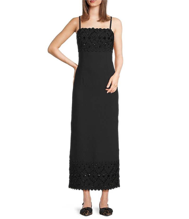 Lilly Pulitzer Vena Satin Back Crepe Square Neck Sleeveless Lace Beaded Scallop Trim Maxi Dress