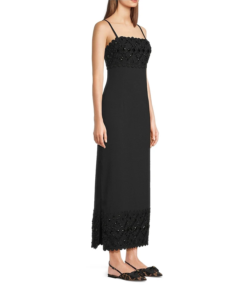 Lilly Pulitzer Vena Satin Back Crepe Square Neck Sleeveless Lace Beaded Scallop Trim Maxi Dress