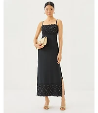 Lilly Pulitzer Vena Satin Back Crepe Square Neck Sleeveless Lace Beaded Scallop Trim Maxi Dress