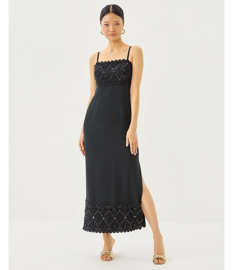 Lilly Pulitzer Vena Satin Back Crepe Square Neck Sleeveless Lace Beaded Scallop Trim Maxi Dress