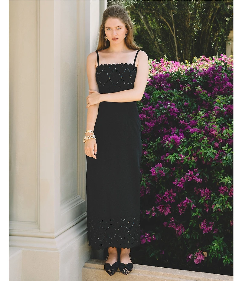 Lilly Pulitzer Vena Satin Back Crepe Square Neck Sleeveless Lace Beaded Scallop Trim Maxi Dress