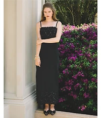 Lilly Pulitzer Vena Satin Back Crepe Square Neck Sleeveless Lace Beaded Scallop Trim Maxi Dress