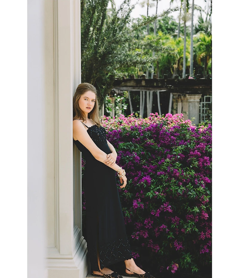 Lilly Pulitzer Vena Satin Back Crepe Square Neck Sleeveless Lace Beaded Scallop Trim Maxi Dress