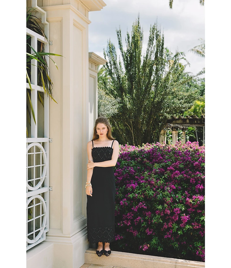 Lilly Pulitzer Vena Satin Back Crepe Square Neck Sleeveless Lace Beaded Scallop Trim Maxi Dress