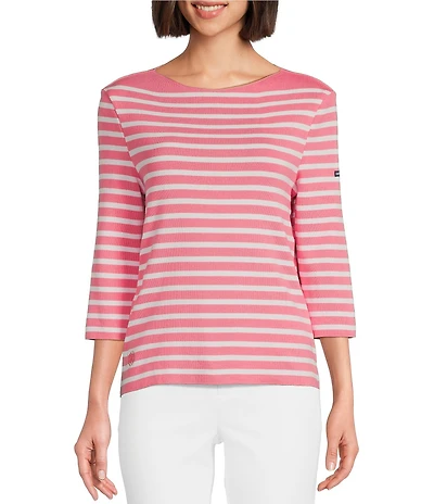 Lilly Pulitzer x Saint James Voissey Contrast Stripe Round Neck 3/4 Sleeve Fine Gauge Knit Sweater