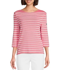 Lilly Pulitzer x Saint James Voissey Contrast Stripe Round Neck 3/4 Sleeve Fine Gauge Knit Sweater