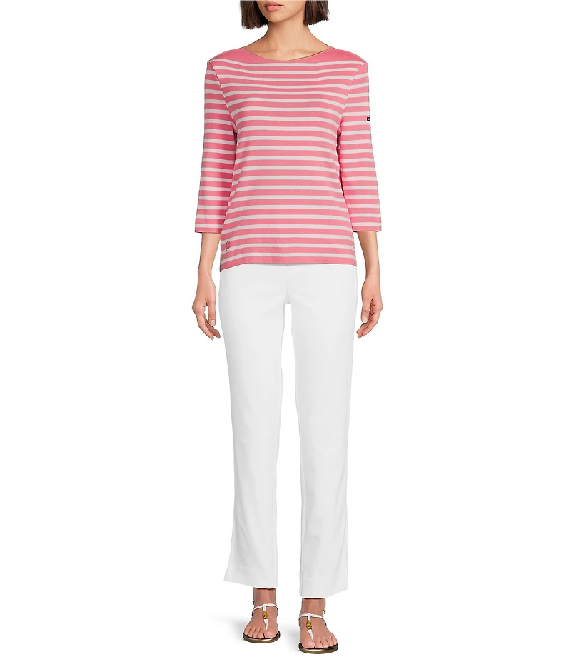 Lilly Pulitzer x Saint James Voissey Contrast Stripe Round Neck 3/4 Sleeve Fine Gauge Knit Sweater