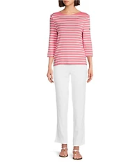 Lilly Pulitzer x Saint James Voissey Contrast Stripe Round Neck 3/4 Sleeve Fine Gauge Knit Sweater