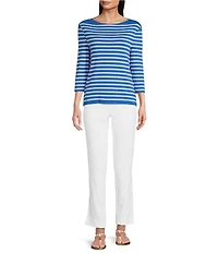 Lilly Pulitzer x Saint James Voissey Contrast Stripe Round Neck 3/4 Sleeve Fine Gauge Knit Sweater