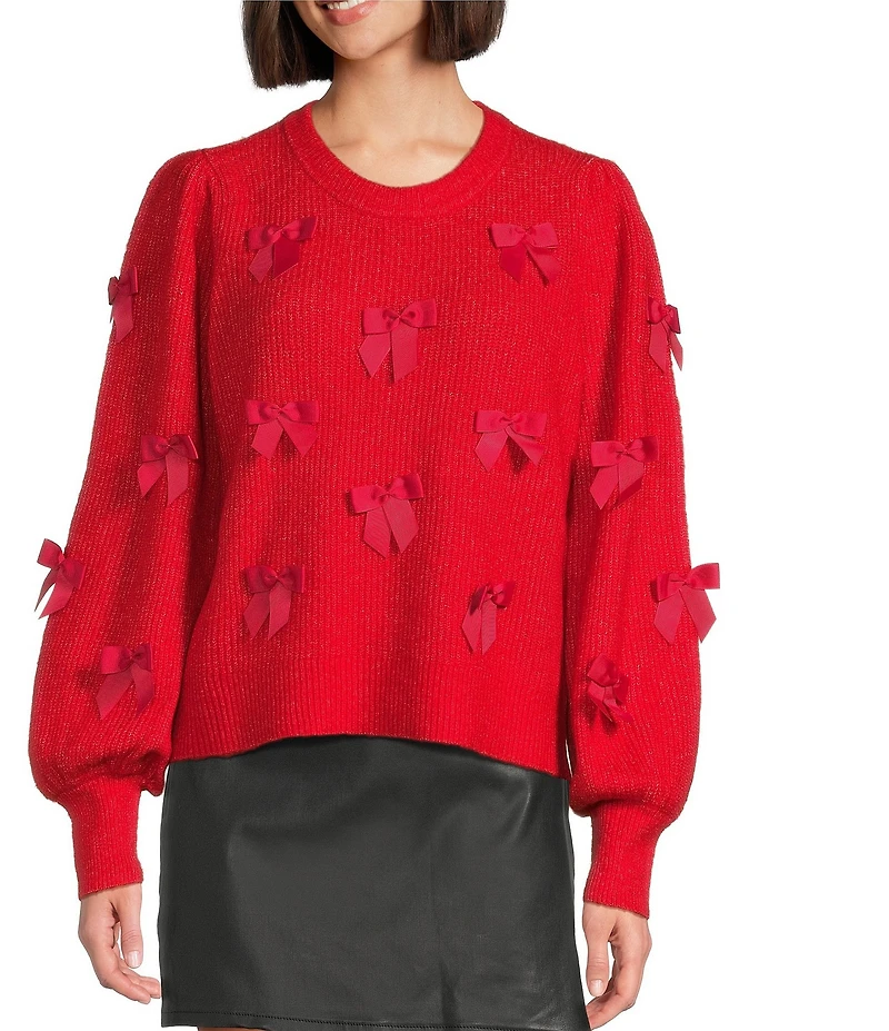 Lilly Pulitzer Zarie Fluffy Blend Knit Bow Applique Crew Neck Puff Long Sleeve Sweater