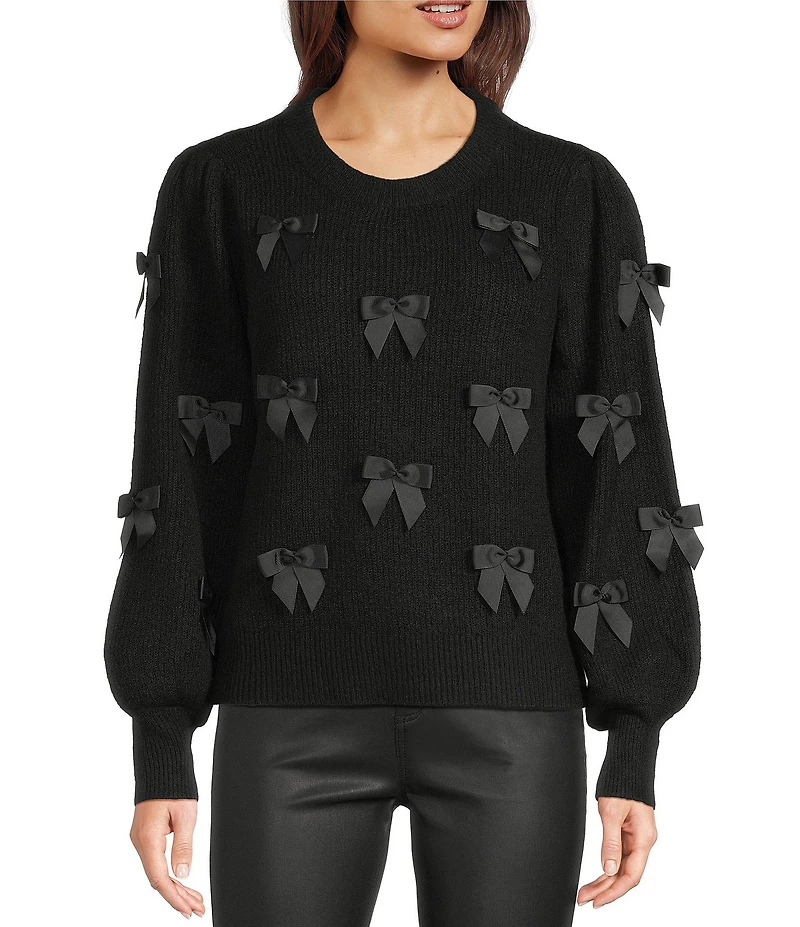 Lilly Pulitzer Zarie Fluffy Blend Knit Bow Applique Crew Neck Puff Long Sleeve Sweater