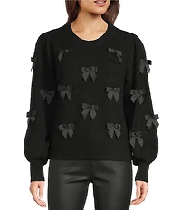 Lilly Pulitzer Zarie Fluffy Blend Knit Bow Applique Crew Neck Puff Long Sleeve Sweater